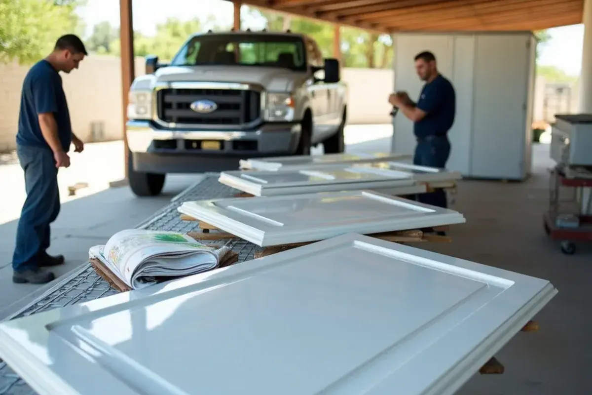 Kitchen cabinet doors laid out on drying racks after an enamel coat
