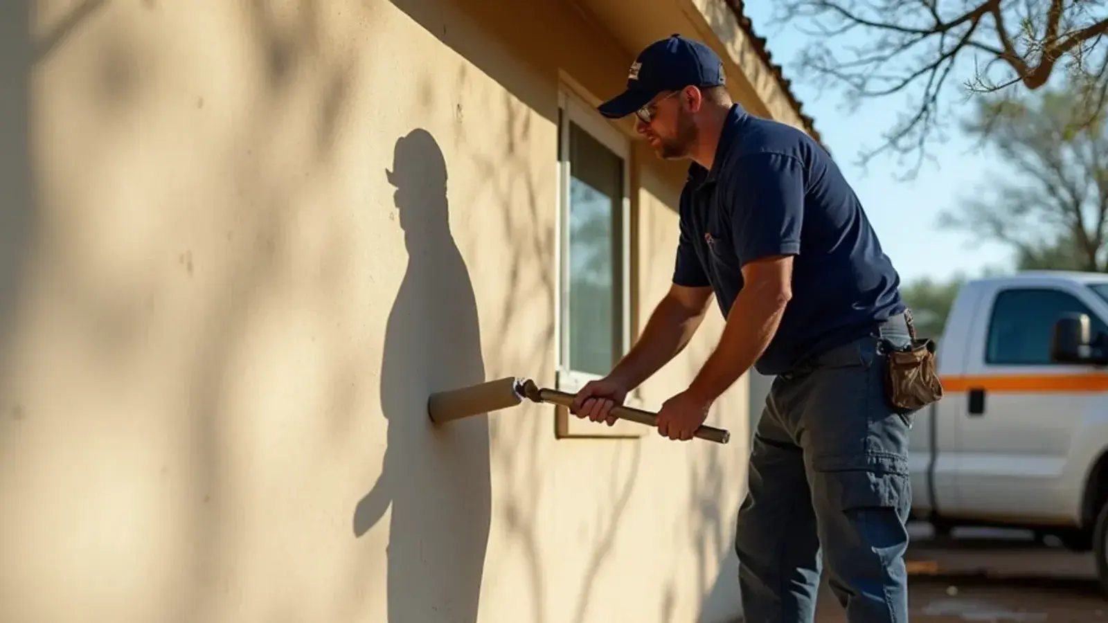 Painter rolling a light exterior color onto a stucco block wall in morning shade in Rio Grande City, TX