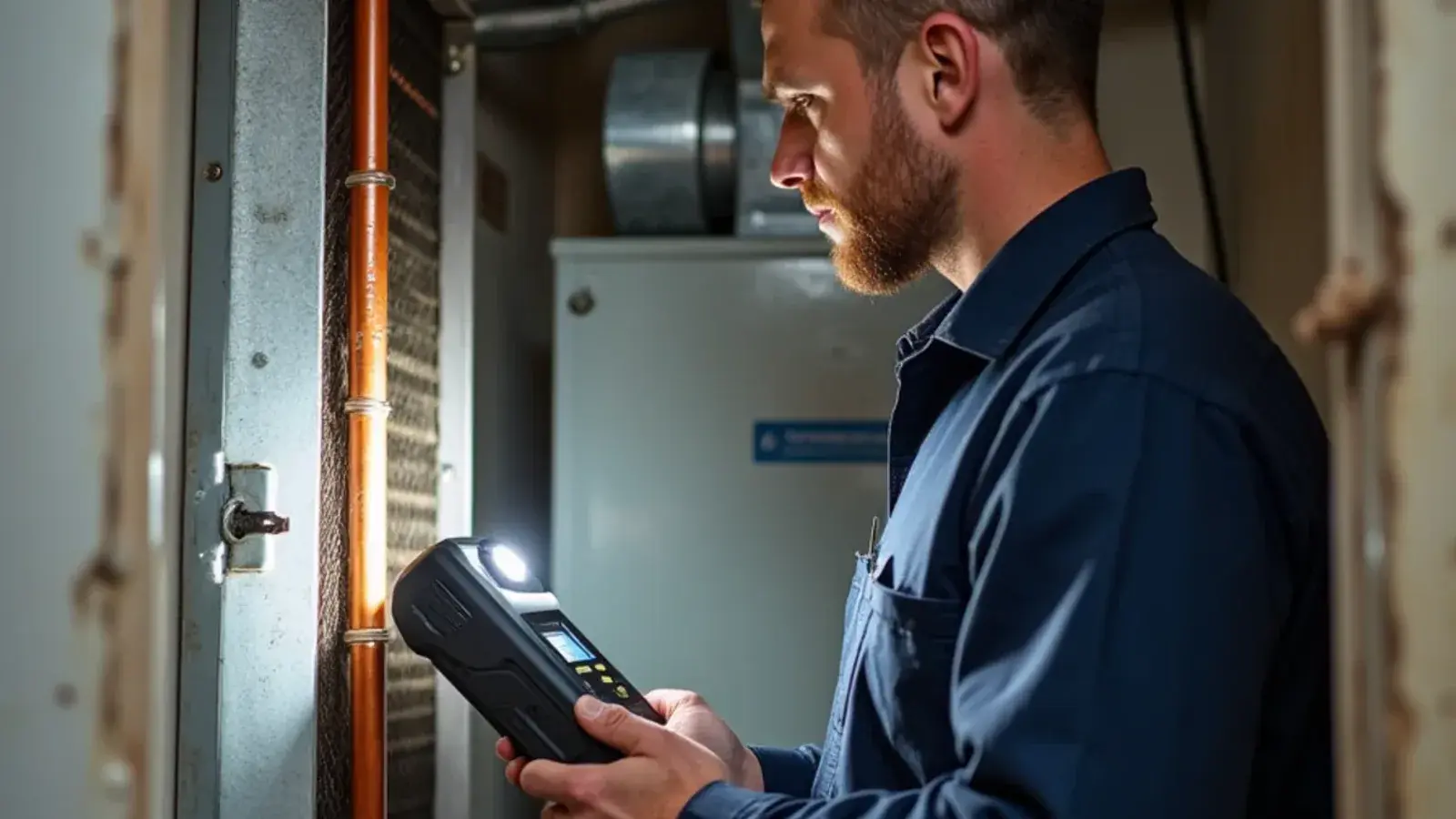 Technician scanning an indoor evaporator coil with an electronic refrigerant leak detector in Rio Grande City, TX