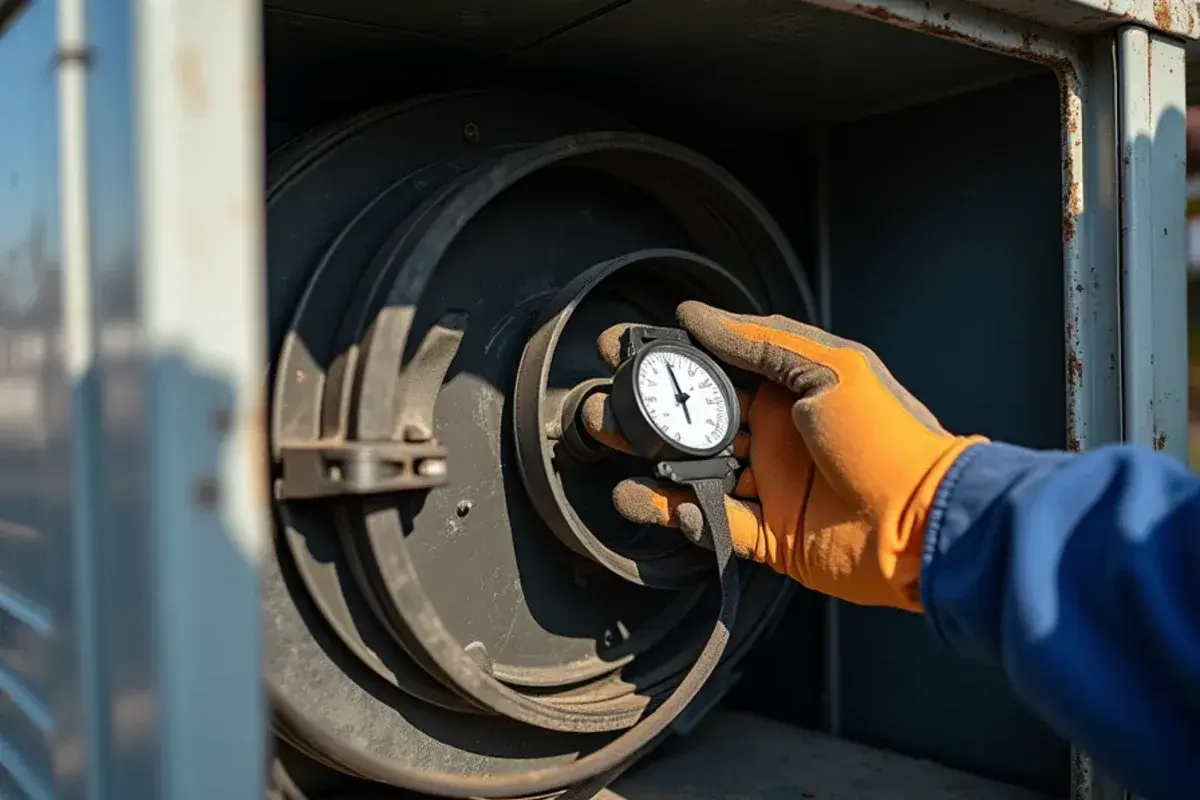 Technician pressing on a blower belt inside a rooftop unit to check tension