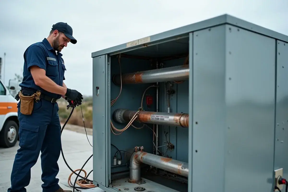 Open burner compartment of a gas/electric package unit on a South Texas roof