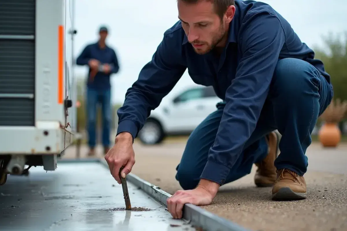 Technician inspecting the roof curb seal under a package unit for water leaks