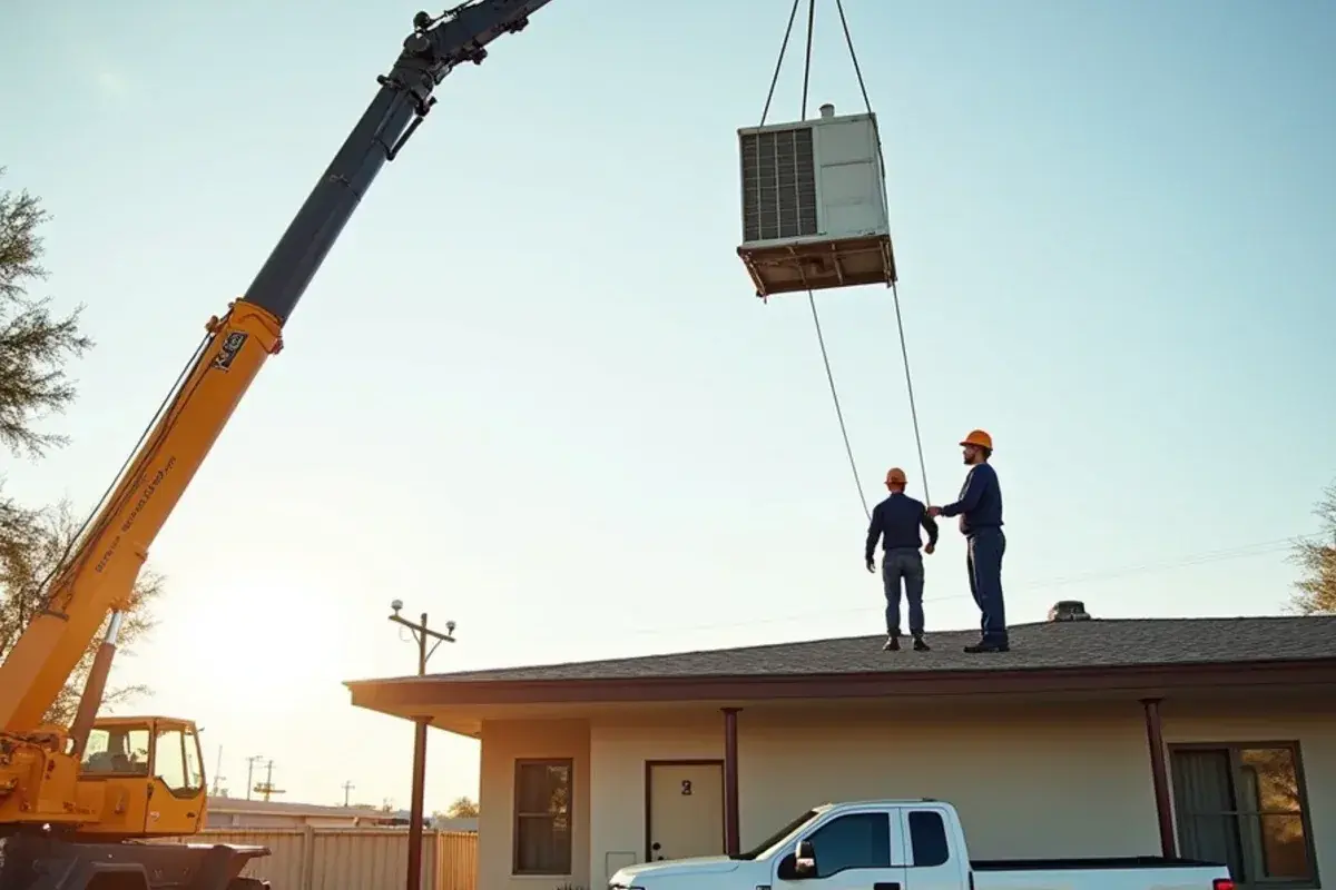 Crane lowering a new rooftop unit onto a commercial building curb in Starr County