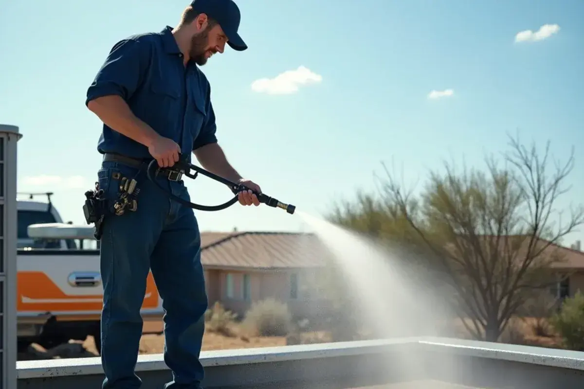 Rinsing dust out of a rooftop unit condenser coil during RTU maintenance
