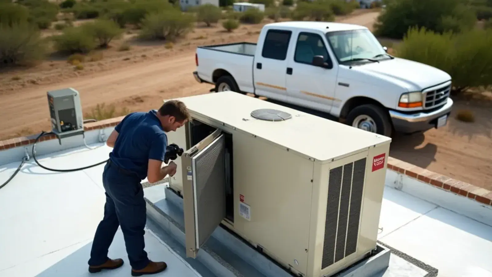 Rooftop package unit with its blower door open on a Rio Grande City retail roof