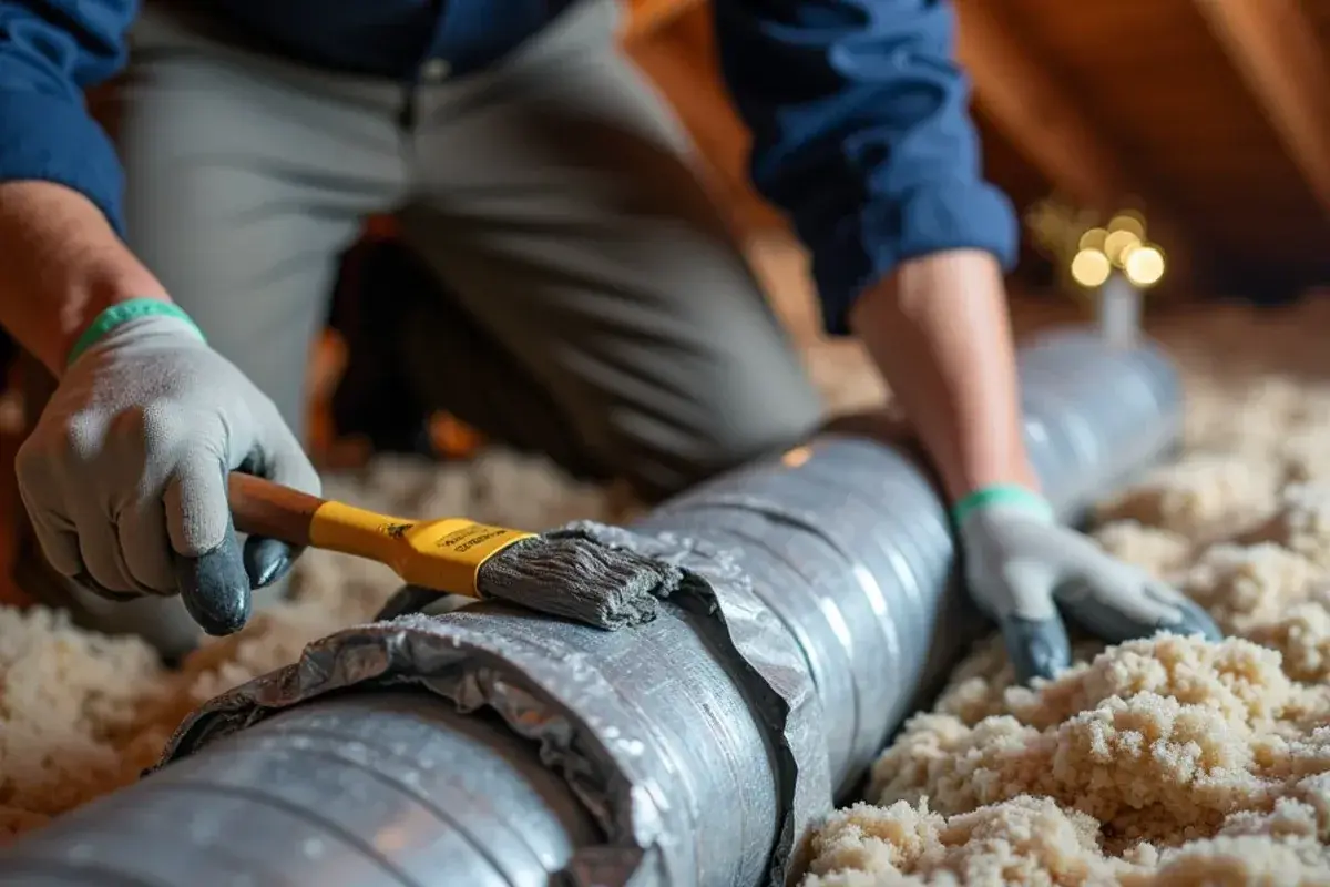 Technician brushing mastic onto a duct collar to seal leaks in an Abram attic