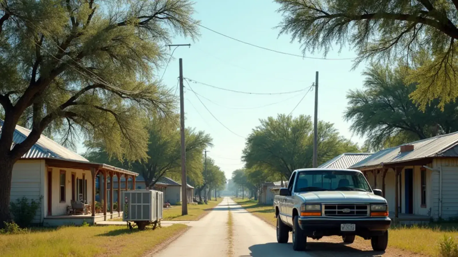 Rural lane of older pier-and-beam frame houses with porches and metal roofs in Abram, TX