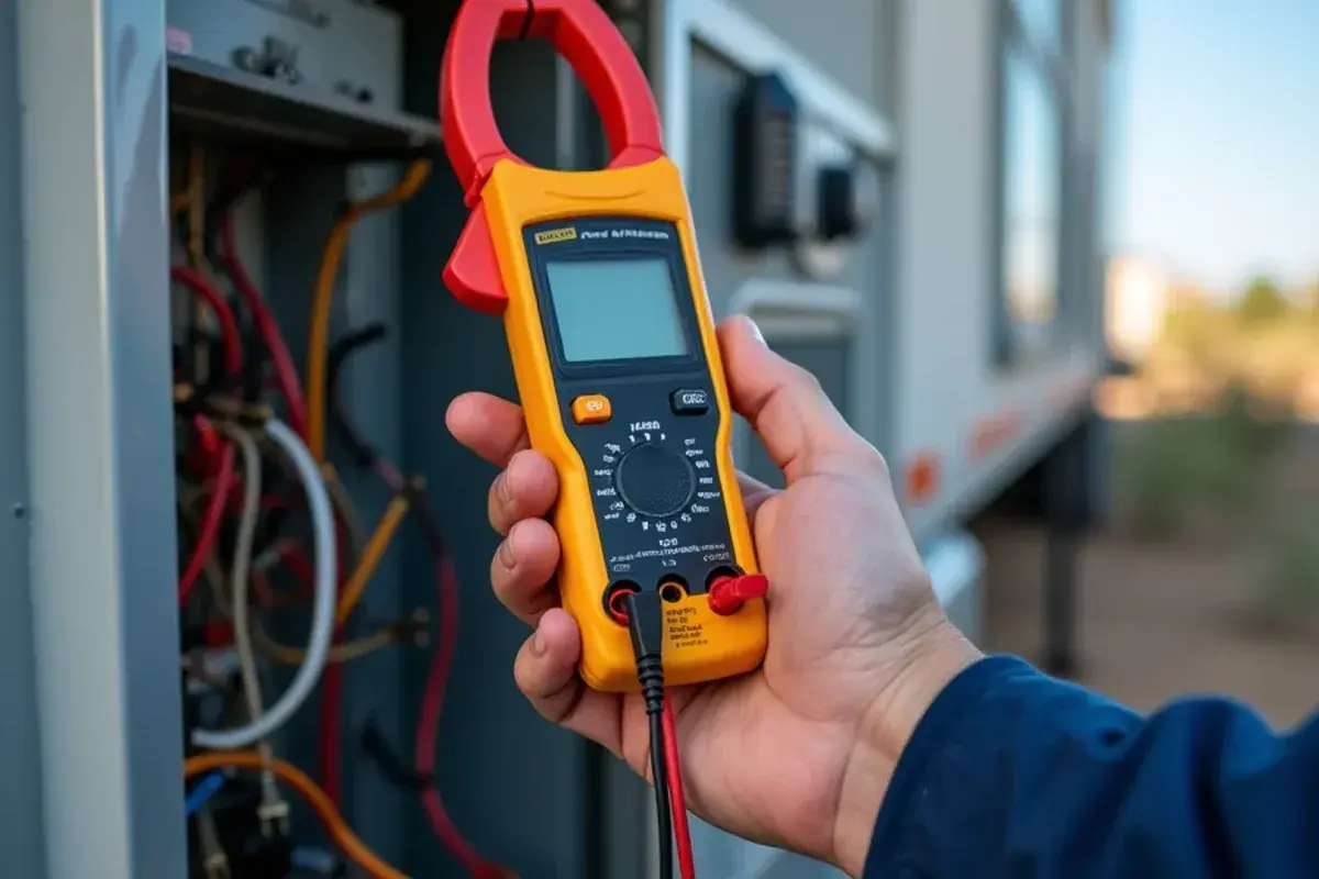 Clamp meter reading on electric heat strips inside an air handler in an Alamo home