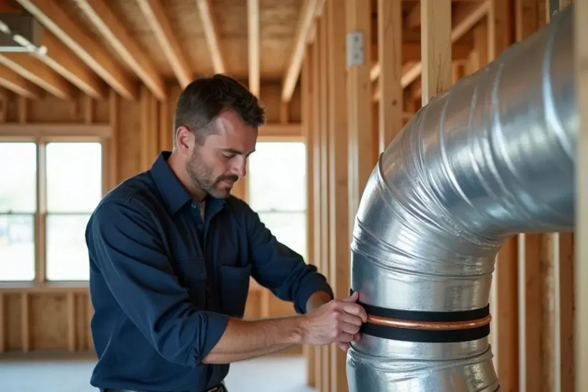 Supply duct and refrigerant line set run through open framing during an Alton new-home HVAC rough-in