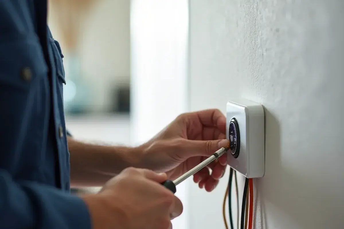 Smart thermostat base plate being wired on a living-room wall in a new Alton home