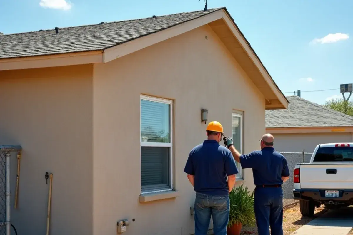 Newer stucco room addition joined to an original block house on a tight lot in B and E, TX