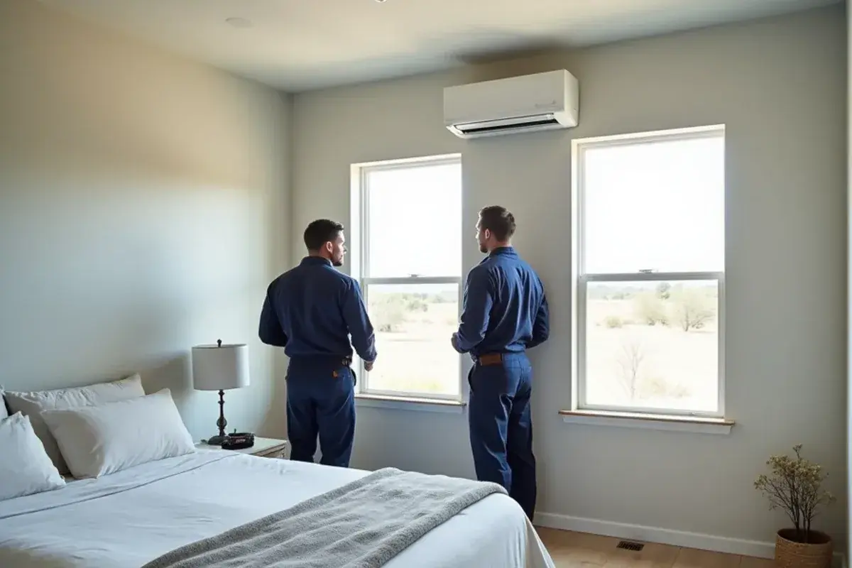 Ductless mini-split head mounted high on the wall of a new bedroom addition in B and E