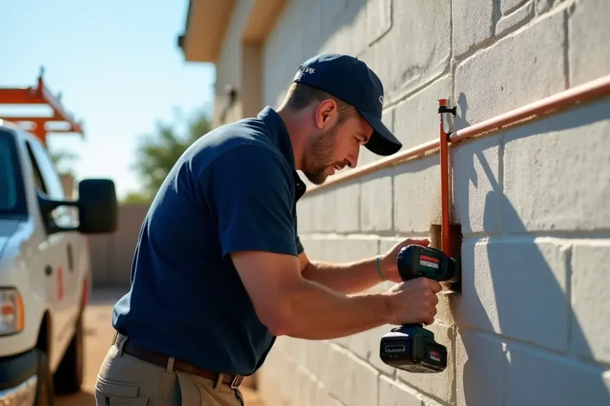 Technician fastening a line set cover along a block wall for a mini-split in B and E, TX