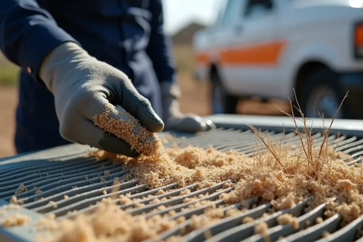 Close view of condenser fins packed with fine sand and leaf debris at a Brooks County ranch house
