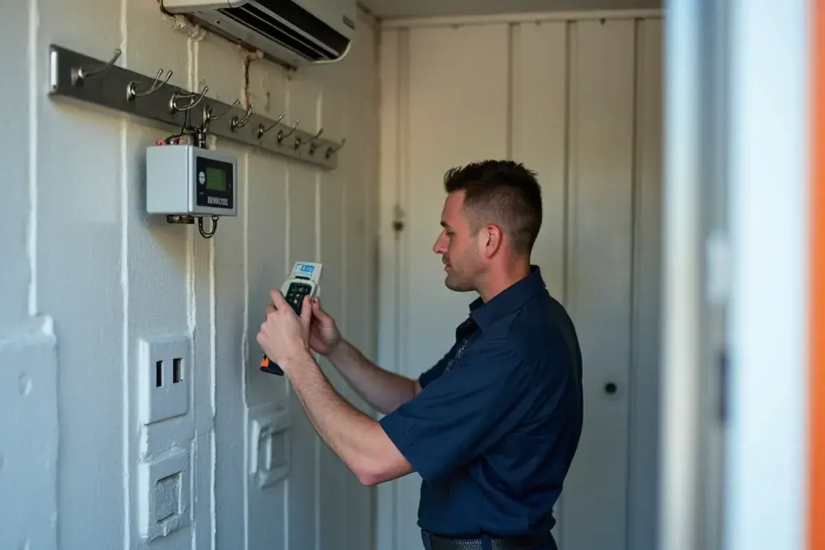 Insulated cold room with a through-wall air conditioner and temperature controller at a South Texas hunting camp