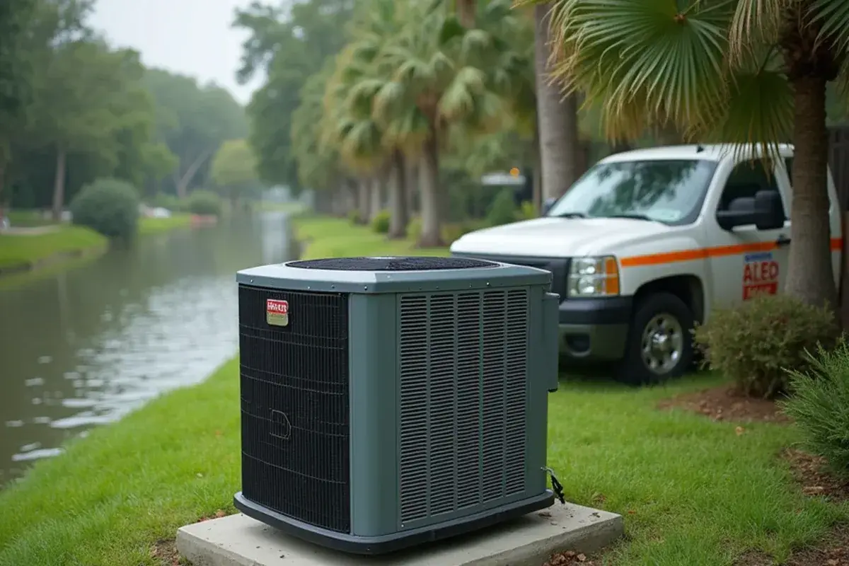 Outdoor AC unit on a raised concrete pad a few steps from a backyard resaca in Cameron County, TX