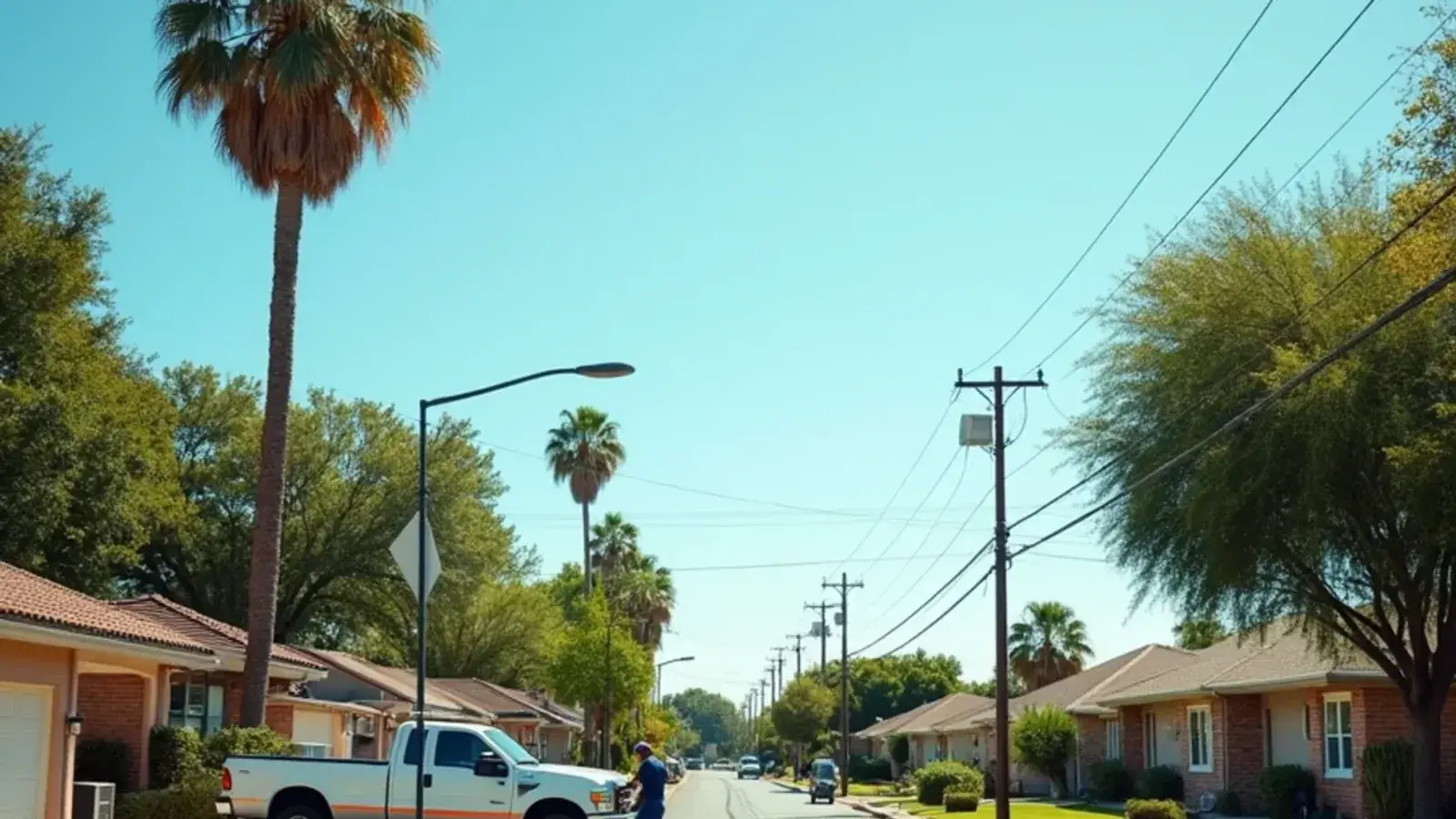 Street of mid-century brick and frame ranch homes under fan palms in Cameron County, TX