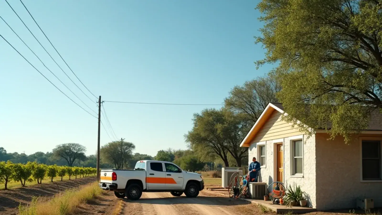 Older cottage and newer block home among citrus rows and field edges in Citrus City, TX