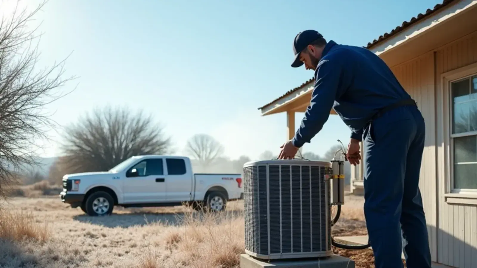 Frost on an older heat pump beside a small metal-roofed house after a cold snap in Cuevitas, TX