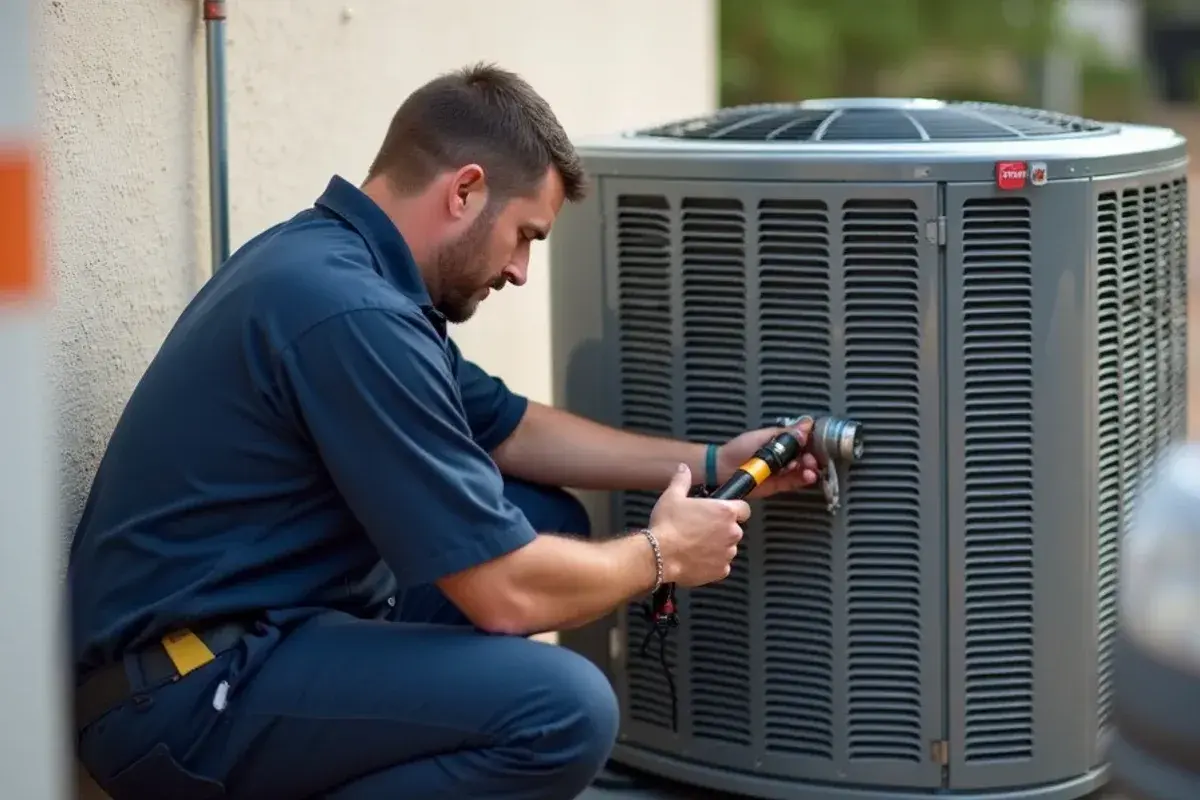 Technician inspecting the contactor and wiring inside a condenser during an AC tune-up in Doffing, TX