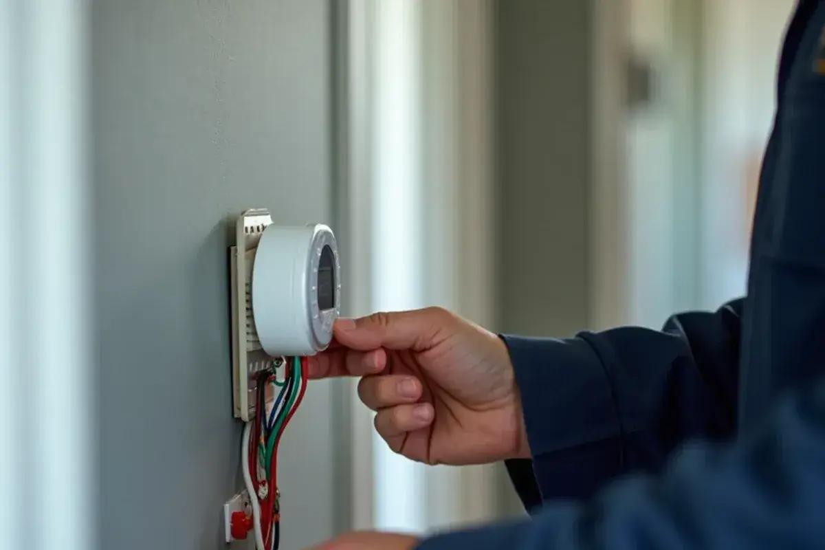 Smart thermostat base plate being wired on a hallway wall in a Doffing, TX home