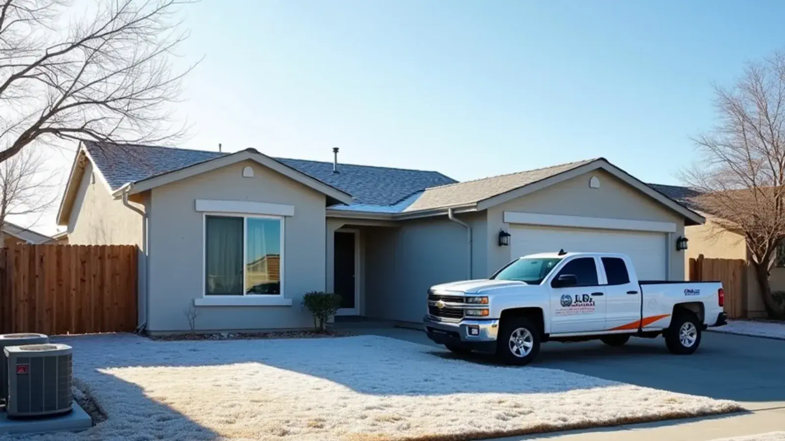 Frost on a heat pump and lawn beside a newer stucco home during a cold snap in Doffing, TX