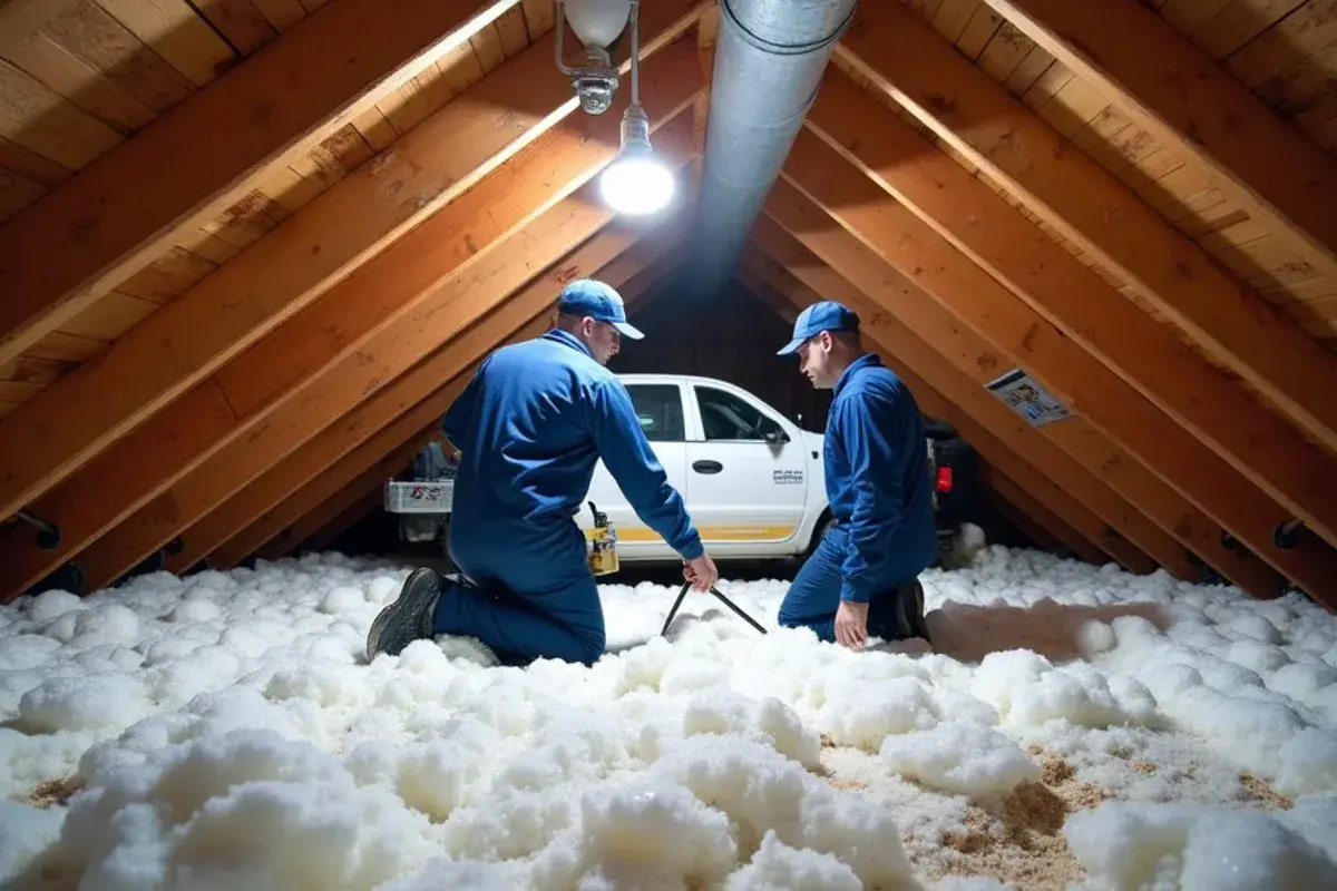 Fresh blown insulation covering ceiling joists in the attic of an East Alto Bonito home
