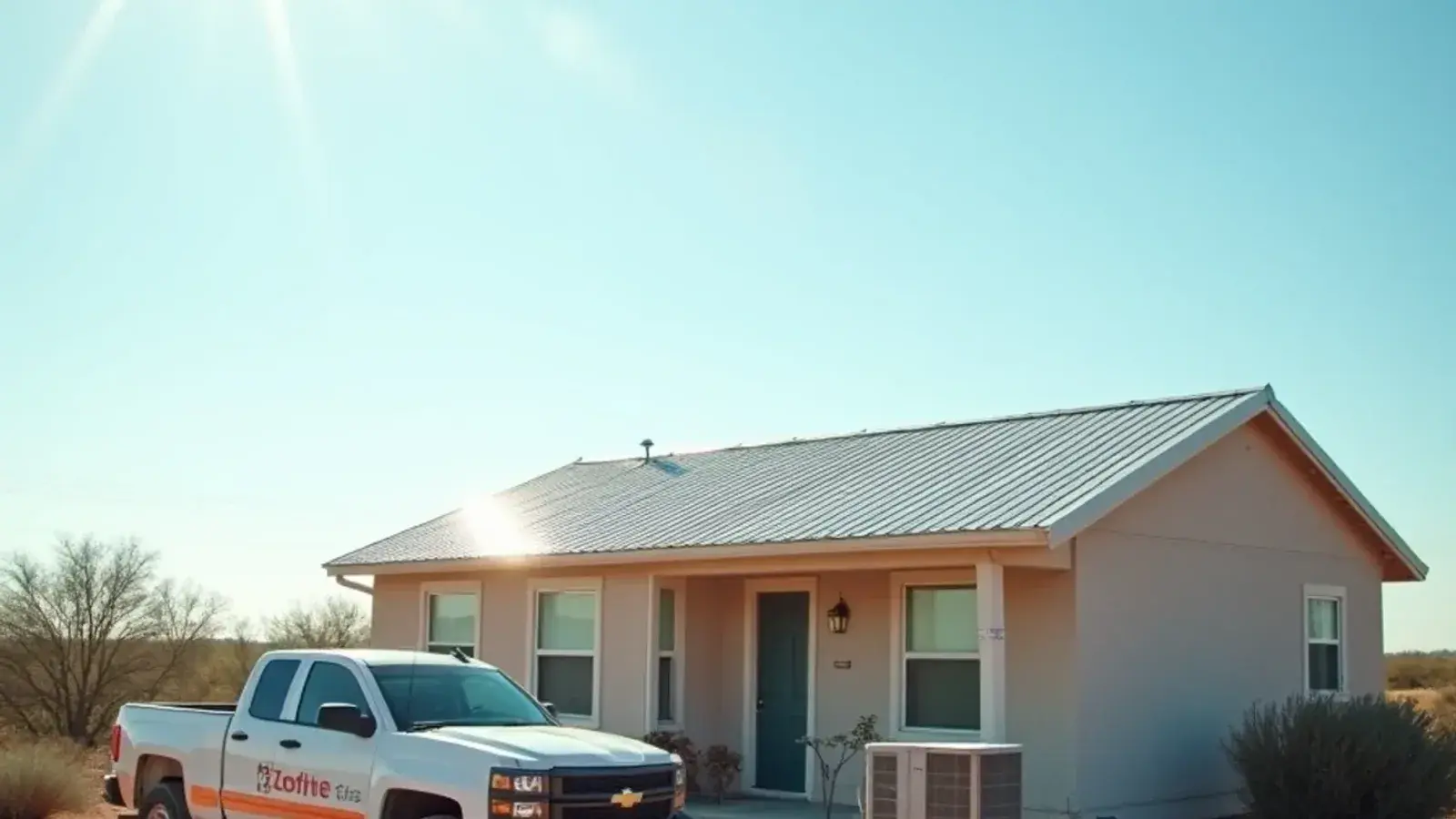 Sun-exposed block home with a metal roof, condenser and service pickup on open high ground in East Alto Bonito, TX