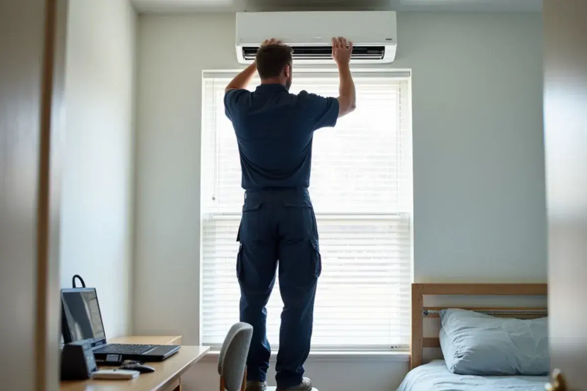 Technician sliding a filter out of a wall-mounted mini-split in a rented bedroom in Edinburg