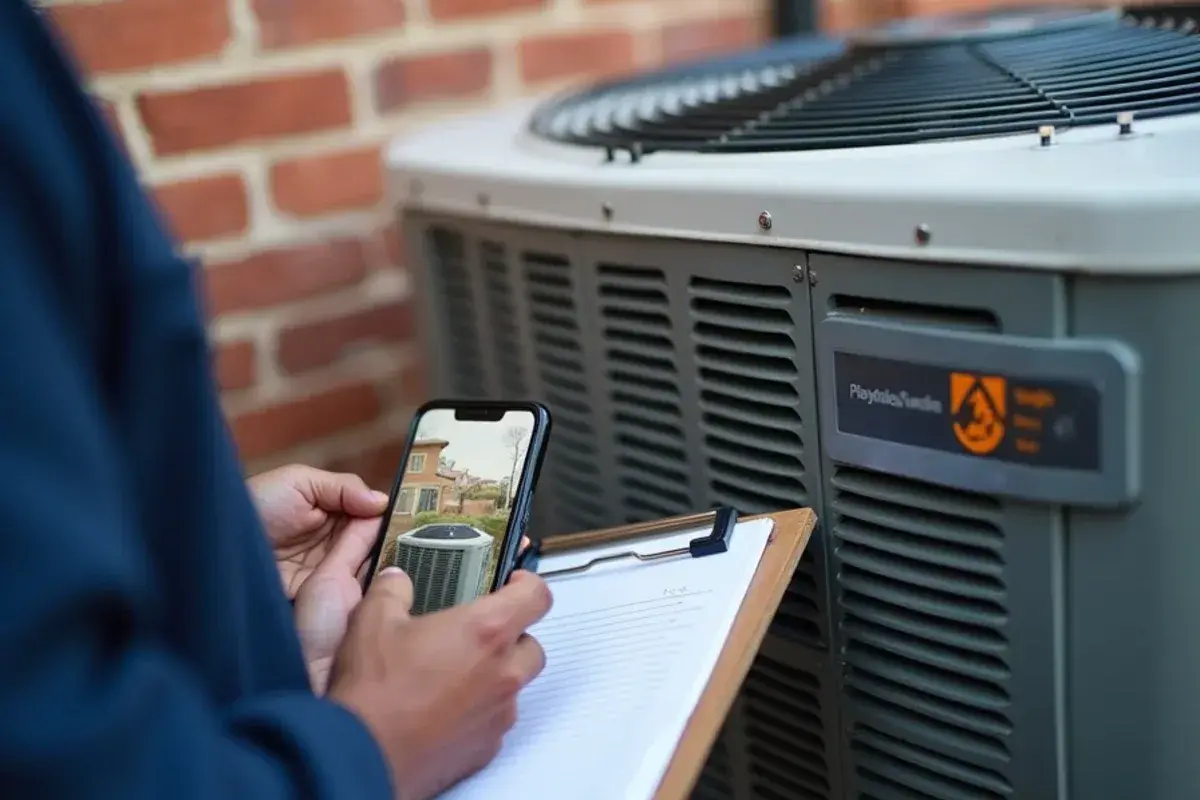 Inspector photographing an outdoor unit's data plate during an Edinburg rental HVAC inspection