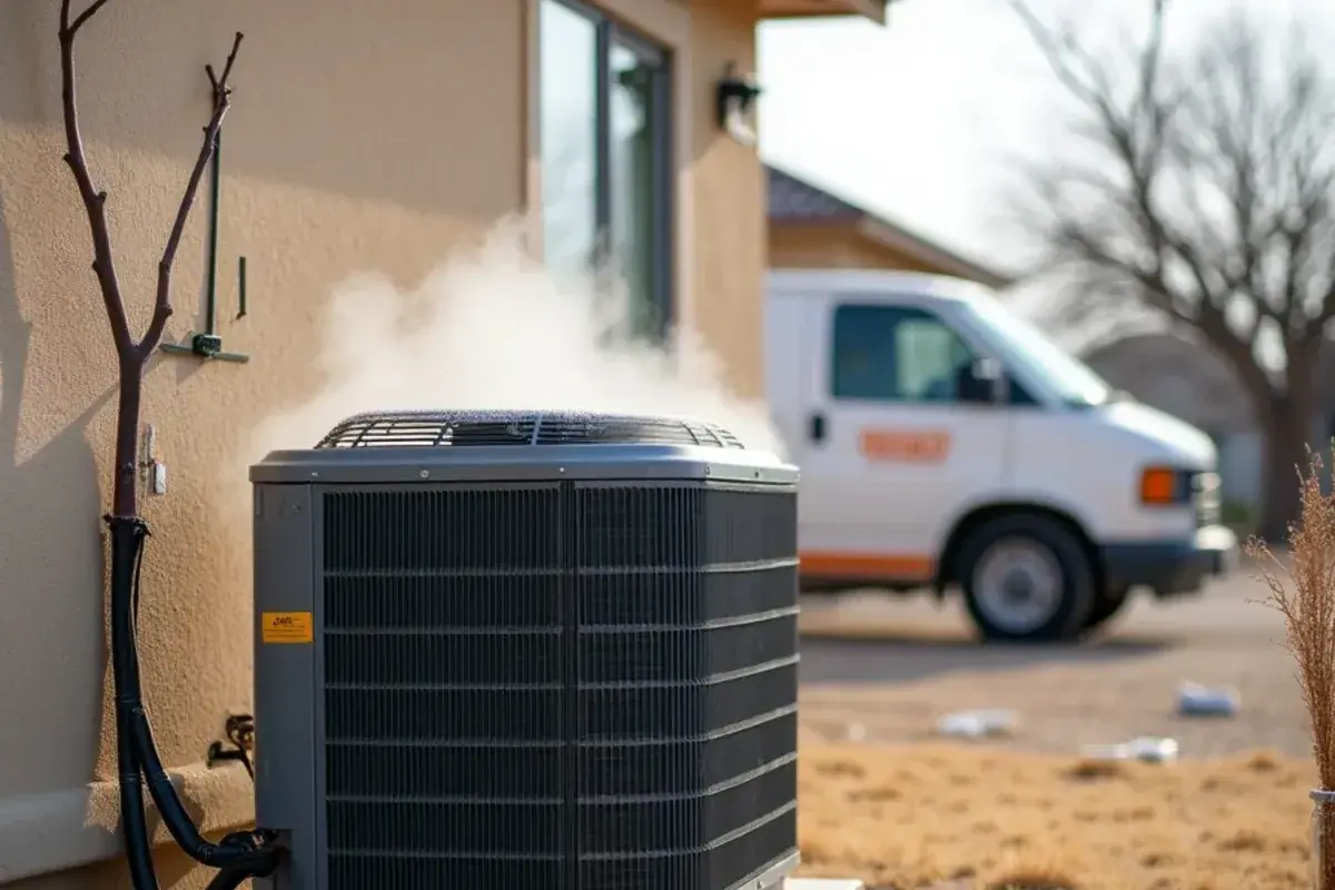 Heat pump outdoor unit with light frost on its coil beside an Edinburg house on a cold morning
