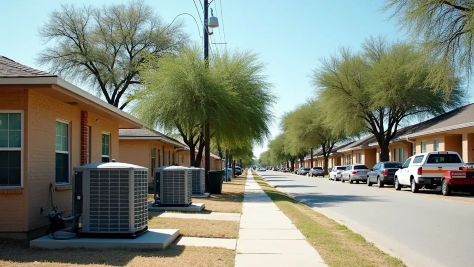 Street of 1990s brick duplexes and a fourplex with side-yard AC condensers in Edinburg, TX