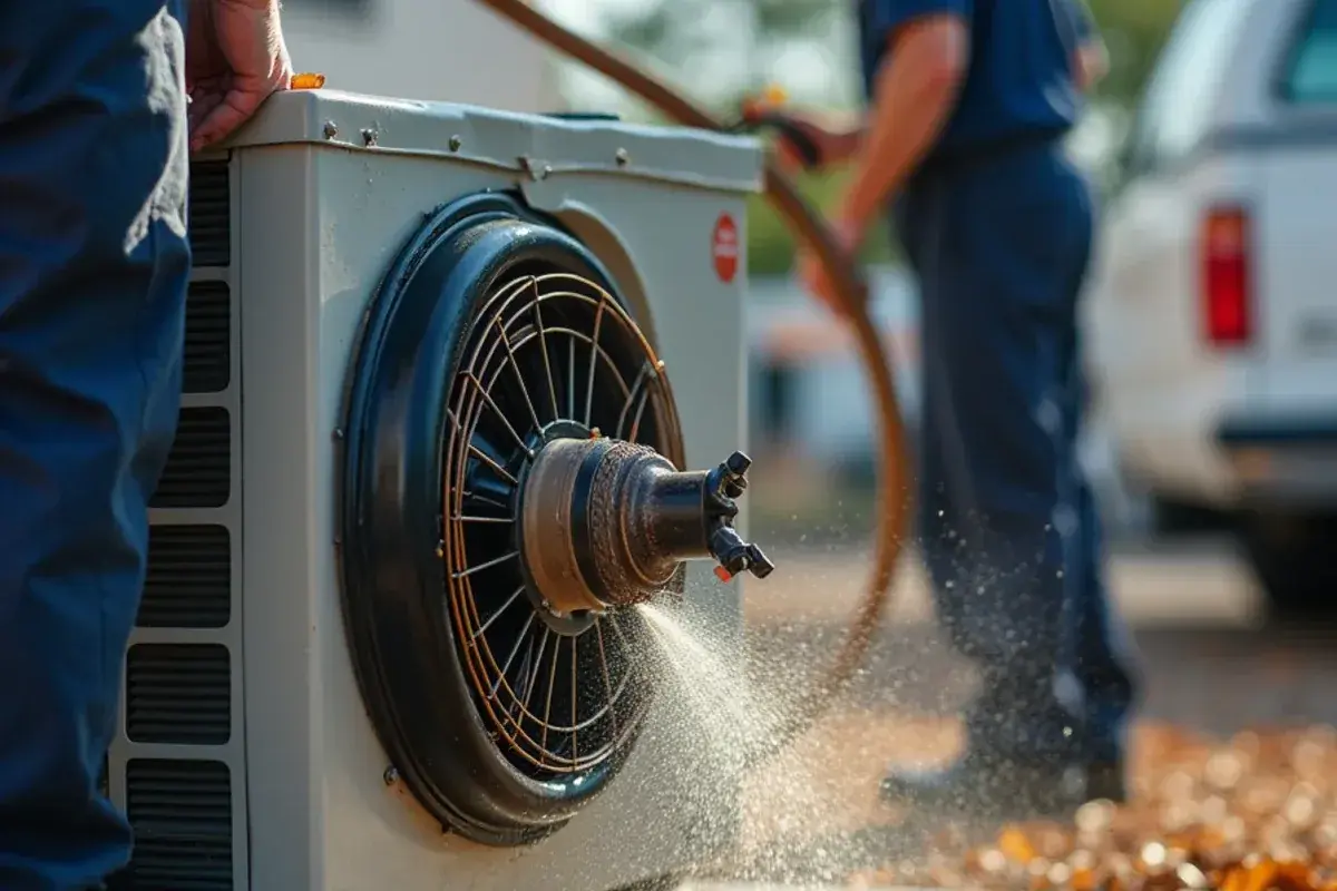 Low-pressure rinse washing leaves and pollen out of a condenser coil in El Chaparral, TX