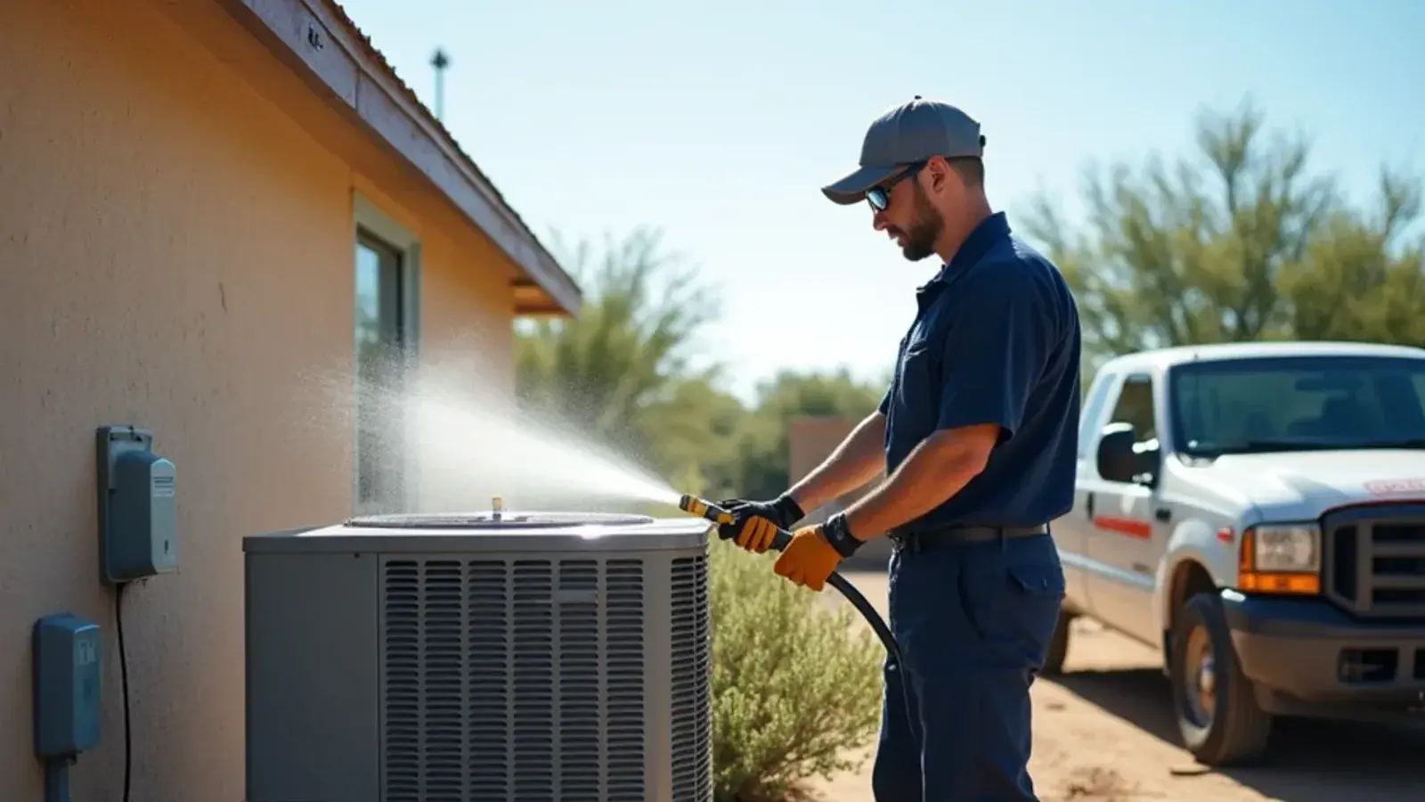 Technician rinsing a condenser coil after trimming back mesquite brush beside a small home in El Chaparral, TX