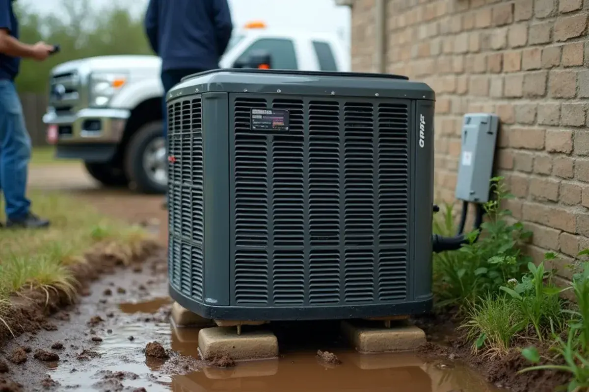 AC condenser sitting at ground level in standing rainwater beside a home in El Refugio, TX