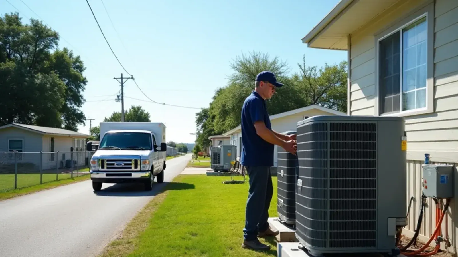 Lane of small block and frame homes with AC condensers on raised pads on low flat ground in El Refugio, TX
