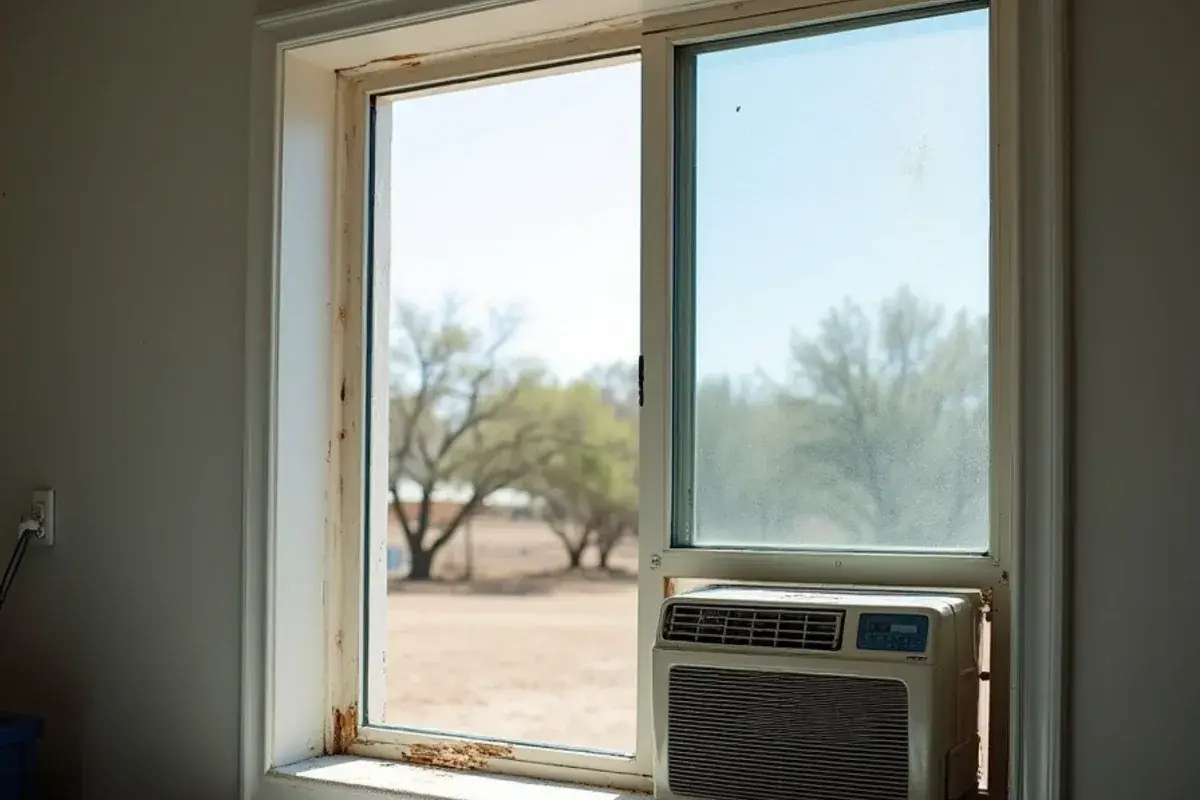 Window opening in an Escobares block home after an old window AC unit was taken out