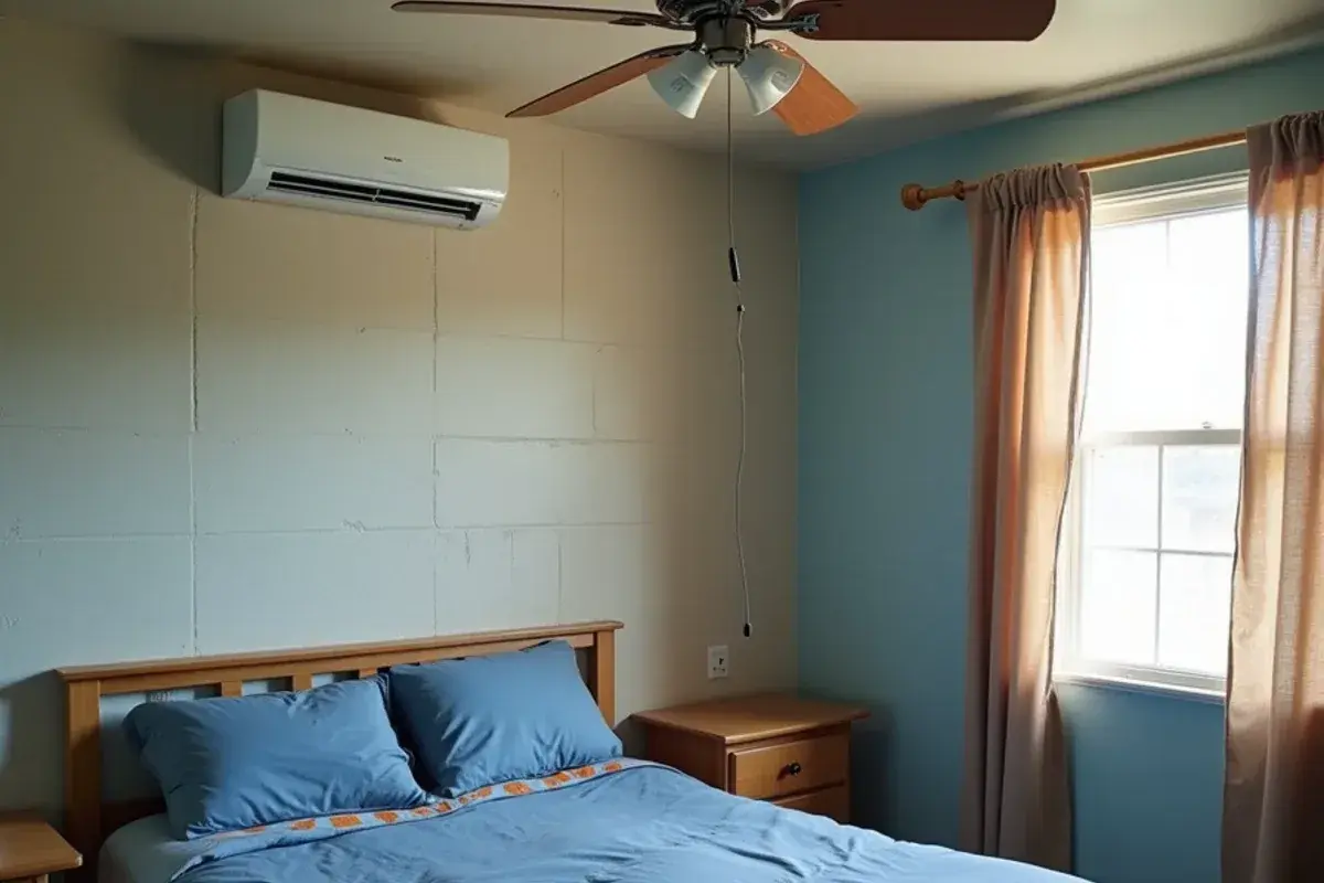 Ductless mini-split head mounted high on a painted block wall in an Escobares bedroom