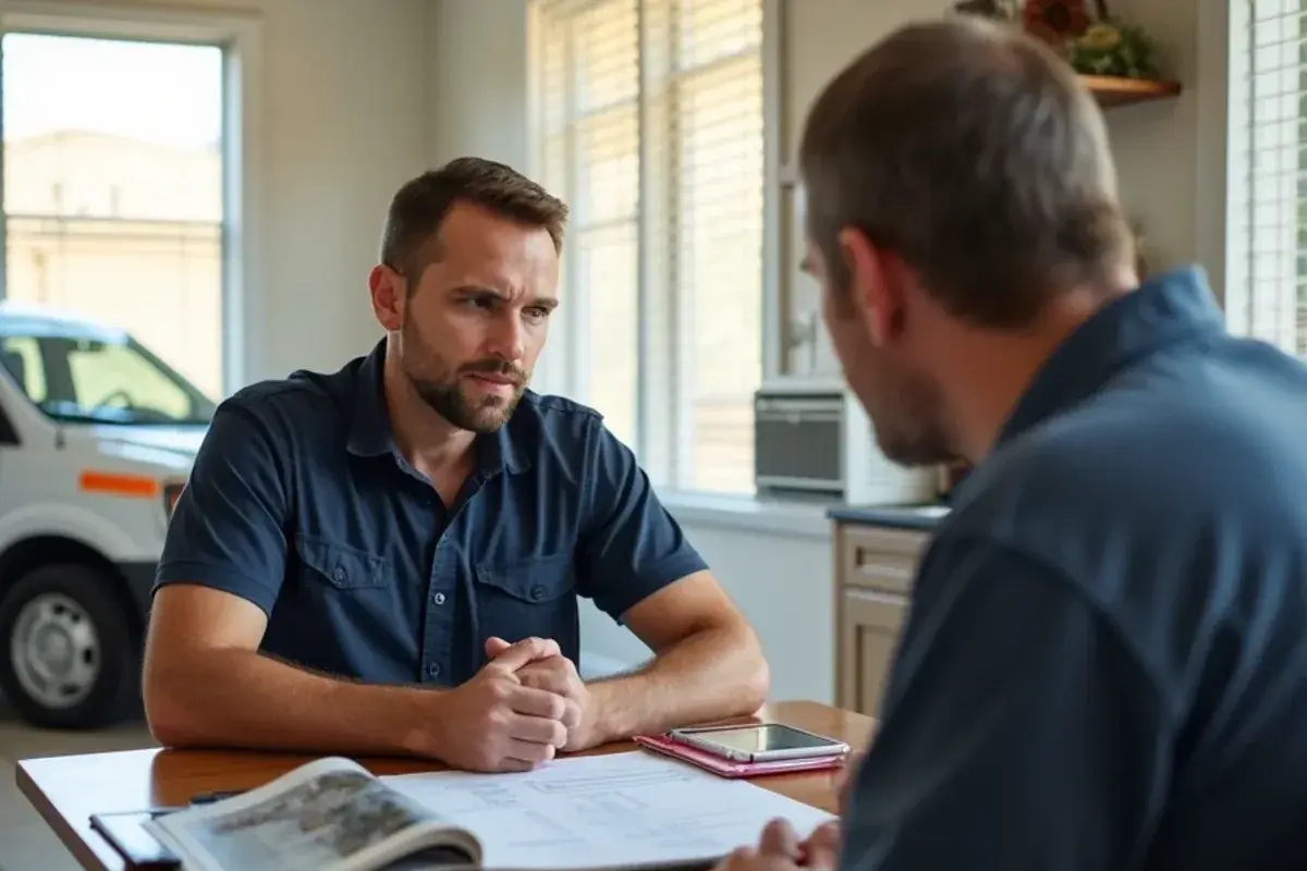 Homeowner and technician reviewing an AC replacement estimate at a kitchen table in Escobares