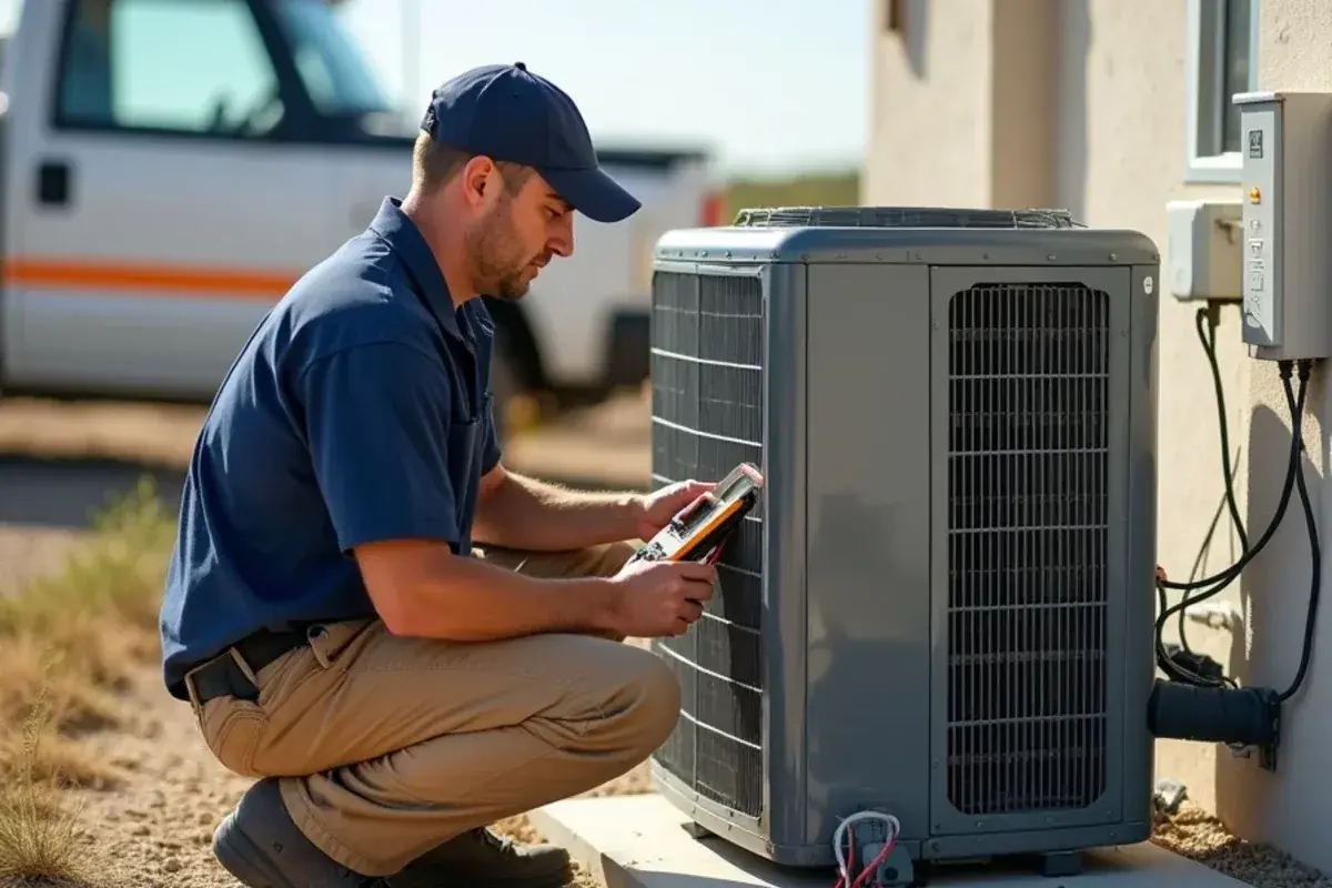 Technician with the service panel off a small package AC unit at a building in Falcon Heights, TX
