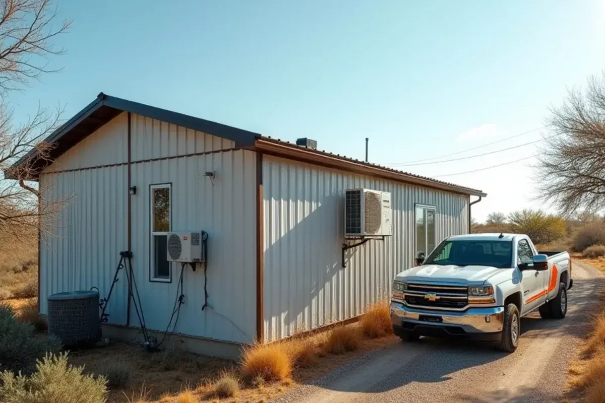 Mini-split outdoor unit on a small house exposed to sun and wind in the Falcon Dam area of Starr County