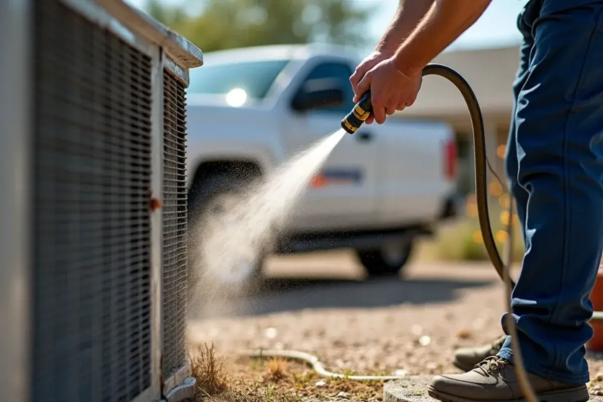 Garden-hose rinse of a dusty condenser coil during AC maintenance near Falcon State Park