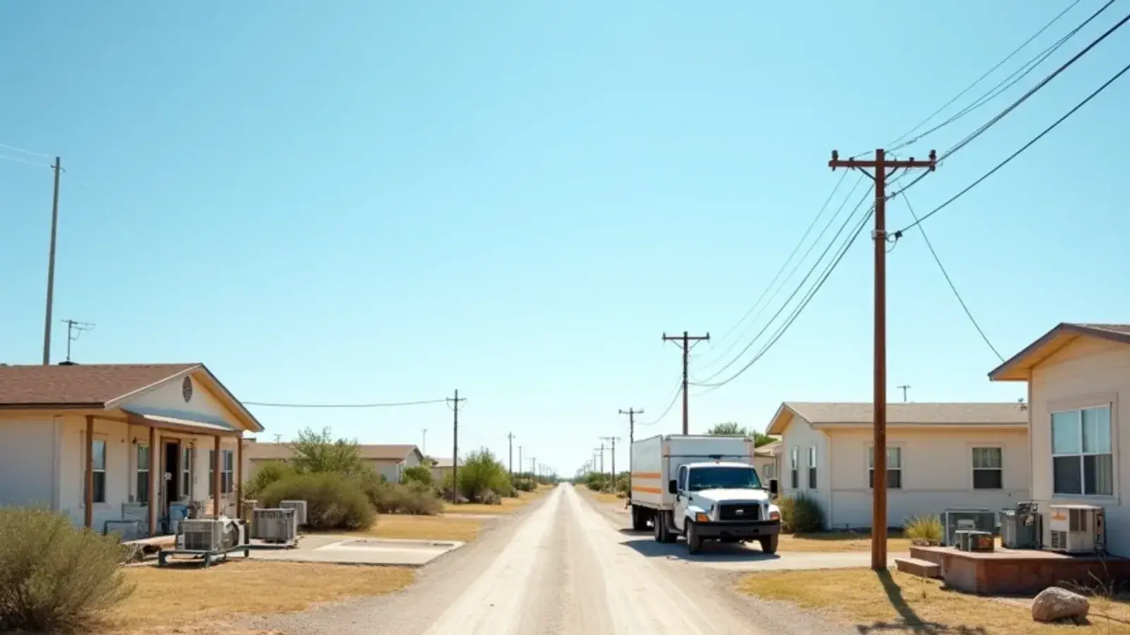 Small homes and manufactured homes with package AC units along a gravel lane in Falcon Heights, TX