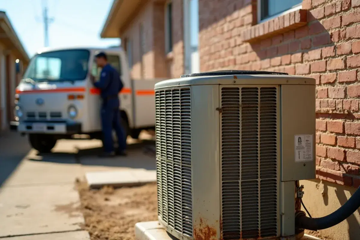 Sun-faded older AC condenser on a cracked pad beside a ranch-style home in Garceño, TX