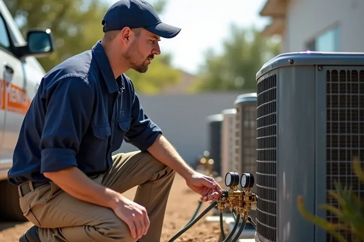 Technician reading refrigerant pressures on an older AC system at a Garceño home