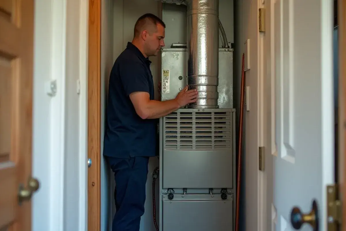 Technician fitting a new indoor air handler in a hall closet during an AC replacement in Garceño