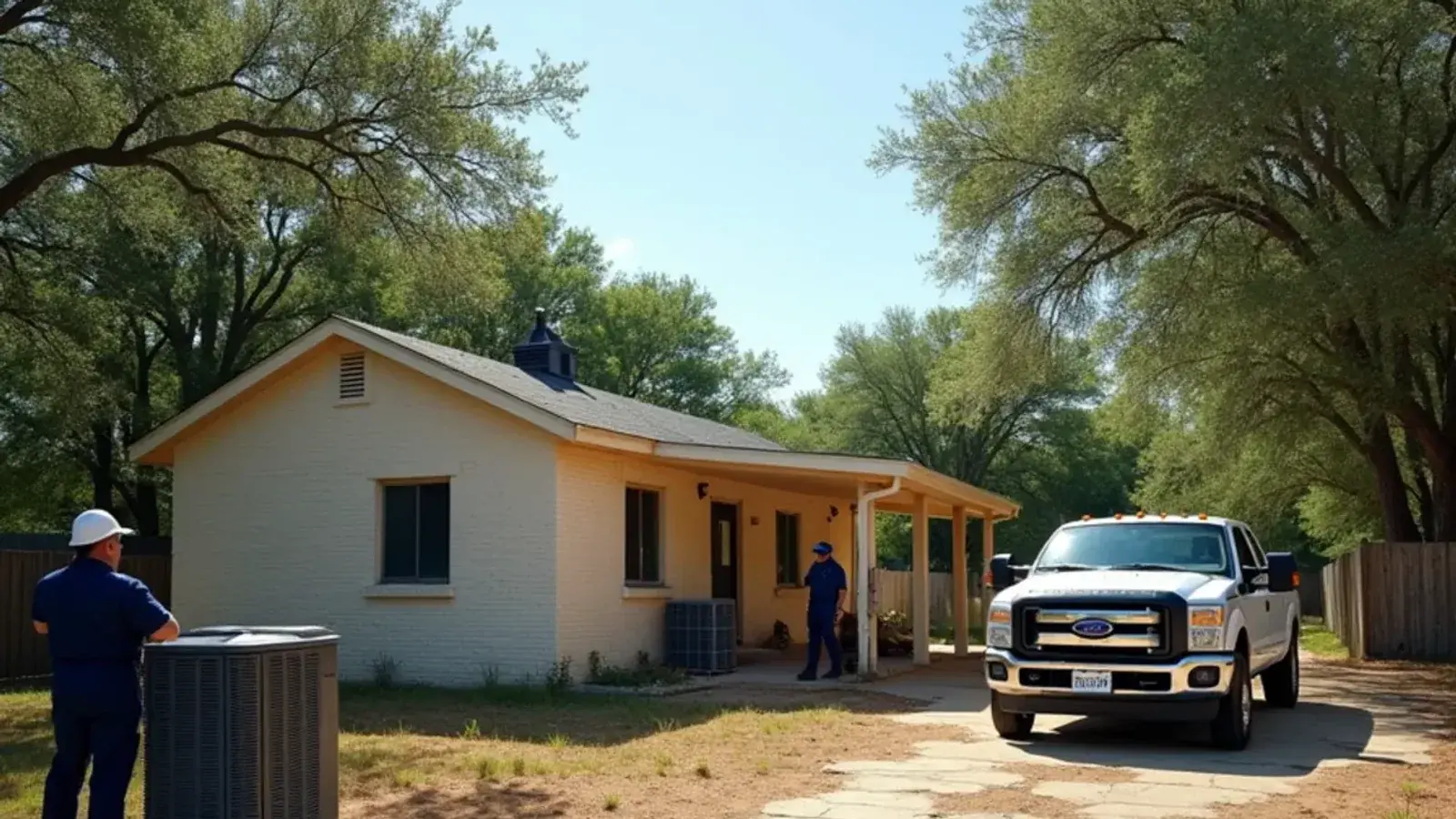 Older ranch-style home with a faded condenser and service pickup above a wooded river bottom in Garceño, TX