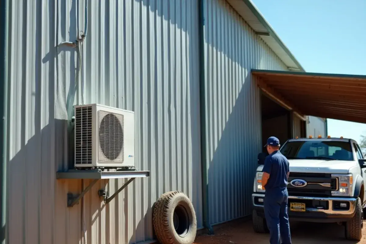 Ductless mini-split condenser outside a metal barn workshop in Garciasville