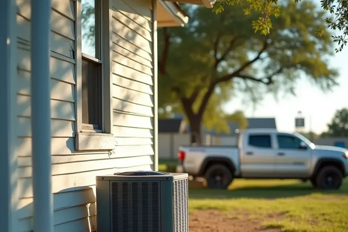 Older farmhouse with a simple split-system condenser on a pad in Garciasville