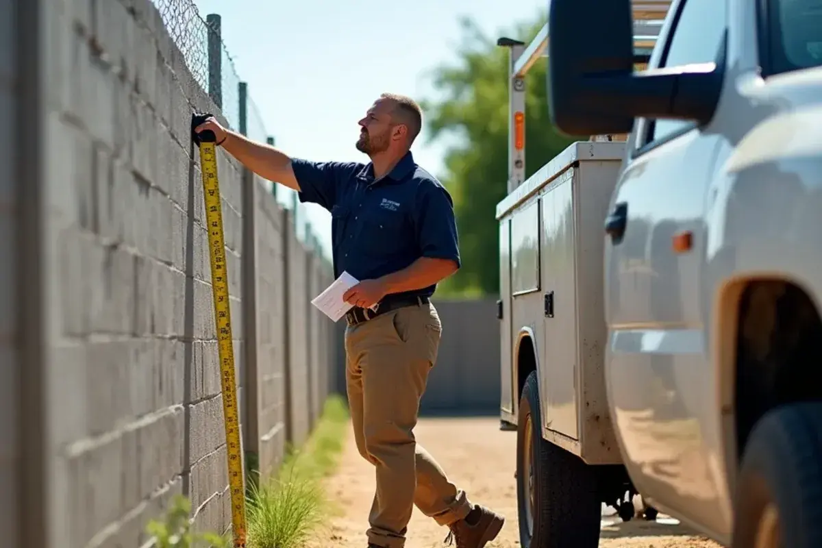 Technician measuring side-yard clearance for a mini-split condenser in Garza-Salinas II